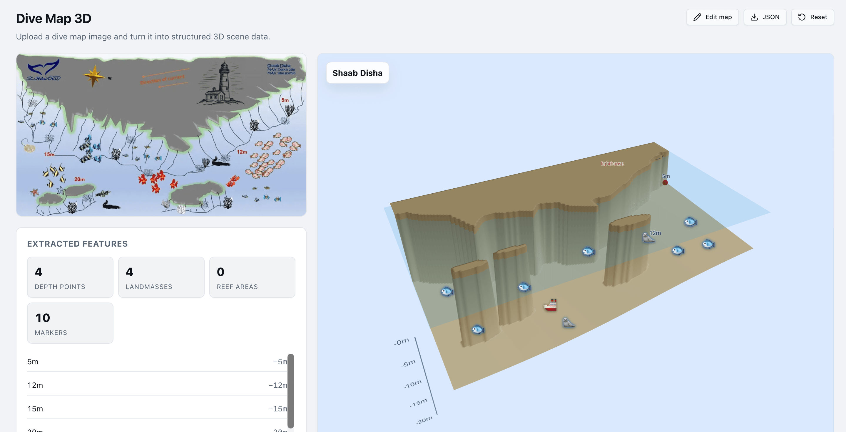3D rendering of a dive site seabed with depth pins, generated from a hand-drawn sketch